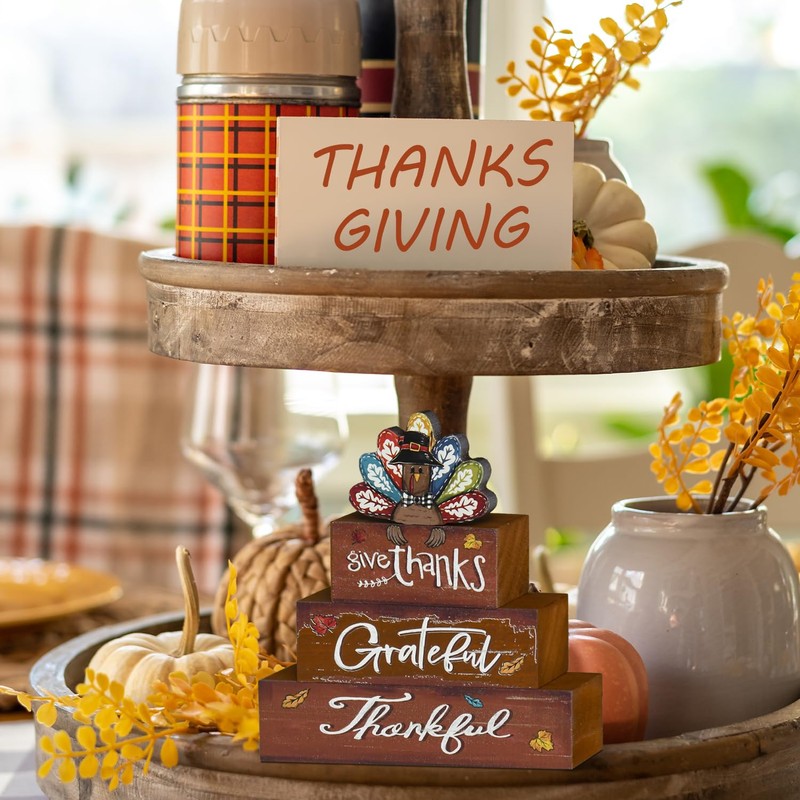 Smile Thanksgiving Decor Indoor Wooden Block Signs, Thankful Grateful Turkey