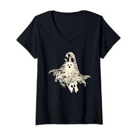 Womens Whimsical Ghost and Floral Pattern – Perfect for Gothic Fans V-Neck T-Shirt