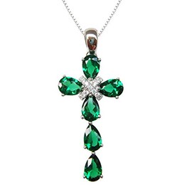 Navachi 925 Sterling Silver 18K White Gold 2.5ct Pear Emerald Ruby Sapphire Crucifix Pendant 18", Stone, Created Emerald