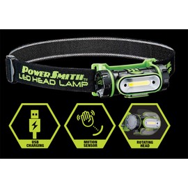 PowerSmith PHLR25FS 250 Lumen Rotatable Weatherproof Impact-Resistant Rechargeable Lithium-ion Flood LED Headlamp with Motion Activated Sensor, High, Low, and Flashing Modes, and Adjustable Head Strap , Black