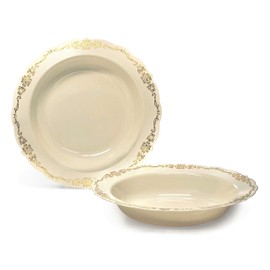 " OCCASIONS " 240 Bowls Pack, Disposable Wedding Party Plastic Bowls (12oz Soup Bowl, Verona in Ivory & Gold)
