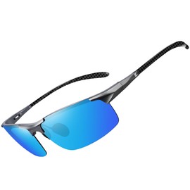 Bircenpro Sunglasses for Men Polarised: UV Protection Carbon Fibre Temple Sports Sunglasses for Driving, C-gunmetal frame blue lens