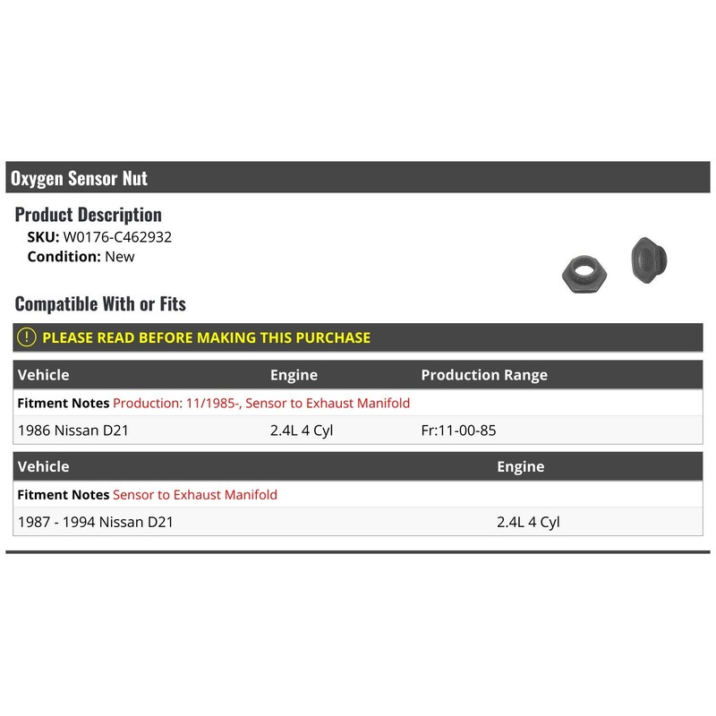 Oxygen Sensor Nut - Compatible with 1986-1994 Nissan D21 2.4L
