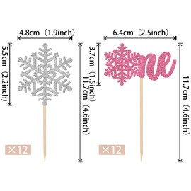 24 piezas de adornos de copo de nieve de 1er cumpleaños con purpurina para cupcakes de copo de nieve para invierno, Onederland, baby shower, niños, primer cumpleaños, Navidad, fiesta, decoración de pasteles, suministros de plata y rosa