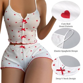 GIVTULIP Women's Pyjamas Shorts Set Summer Sleeveless Tank Top and Shorts Soft Cotton Pj Sets with Heart Print Elegant Crop Top Nightwear with Drawstring Camisole Loungwear Sleepwear White