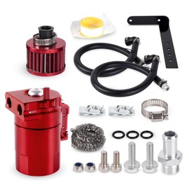 muge racing Baffled Oil Catch Can 400ml, Universal Oil Catch Can Kit with Breather Filter & Stainless Steel Wool, Installation Accessories & Premium Fuel Line Included, Alumium, Red