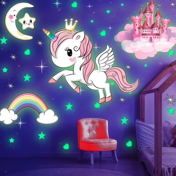 Glow in The Dark Stars, Glowing Unicorn Sets with Castle Moon and Rainbow Wall Decals for Kids Bedding Room, Great for Birthday Gift Wall Mural Stickers for Girls and Boys
