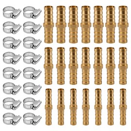 Lconvicely Brass Hose Barb Union, Fuel Line Fittings Barb Splicer Mender Joiner Hose Fitting with Stainless Steel Hose Clamp, for Water/Air/Fuel/Oil, 1/4'', 5/16'' 3/8'', Brassy (18 PCS)