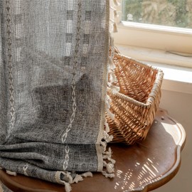 Sutuo Home Boho Curtains 84 inches Long for Living Room Dining Room Nursery, Light Filtering Farmhouse Chic Tassels Window Treatment Bohemian Embroidery Drape Decor, 1 Panel 52" W x 84" L, Black Gray