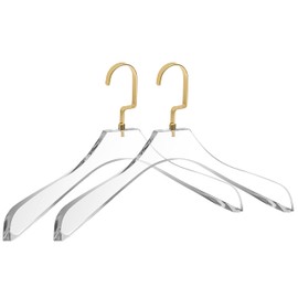 Quality Clear Lucite Acrylic Heavy Duty Coat Suit Hangers – 2 Pack, Curved Stylish Clothes Hanger with Wide Matte Gold Hooks - Coat Hanger for Dress, Suit - Closet Organizer Adult Hangers