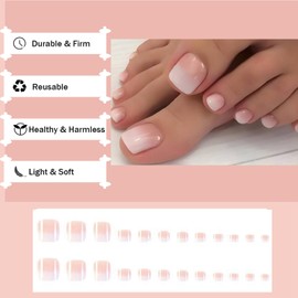 24Pcs Gradient Pink Press on Toenails - Short Square False Toe Nails with Glue - Ombre Artificial Acrylic Nails - Glossy Full Cover False Toenails Stick on Nails for Women