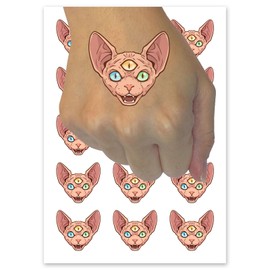 Three Eyed Sphynx Cat Hairless Spooky Scary Temporary Tattoo Water Resistant Fake Body Art Set Collection - 54 1" Tattoos (1 Sheet)