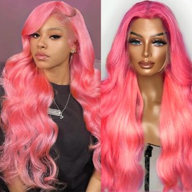QGVQGV 30 Inch Pink Lace Front Wig Human Hair 13x6 HD Lace Pink Body Wave Wig Human Hair Pre Plucked Colored For Women 200% Density Strawberry Body Wave Lace Front