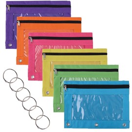 TOPTIE 6 Pack 3 Ring Binder Pencil Pouch, Zipper Stationery Bag with Clear Window for Office Supplie Multicolor