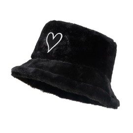Quanhaigou Winter Faux Fur Bucket Hat,Fuzzy Warm Hat for Women Men, Fluffy Fisherman Cap (Love Black)