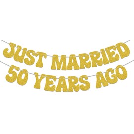 Just Married 50 Years Ago Banner, decoración de fiesta de 50 aniversario de boda, Todavía lo hacemos, suministros de decoración de fiesta de compromiso de 50 años, color dorado