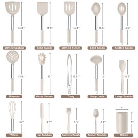 Onader Silicone Cooking Utensils Set of 15, Kitchen Utensils Set with Holder for Nonstick Cookware, 446°F Heat Resistant Stainless Steel Handle - Khaki