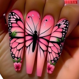 Press on Nails Long Length Square Fake Nails Pink French Gradient Coffin Press On False Nails with Butterfly and Flowers Designs Artificial Acrylic Nails Stick on Nails for Women 24Pcs