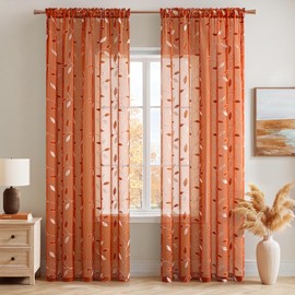 MIULEE Burnt Orange Sheer Curtains 2 Panels Embroidered Leaf Patterned Rod Pocket Floral Semi Faux Linen Window Fall Curtains Drapes Set for Living Room Bedroom Dining Room, 52x84 Inches Long