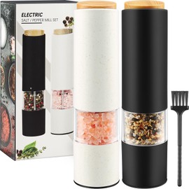 HBESTIE Electric Salt and Pepper Grinder Set, Battery Powered with LED Light, Automatic Salt and Pepper Shakers for Kitchen, One Hand Press Operation Mill Sets with Adjustable Coarseness, 2 Pack