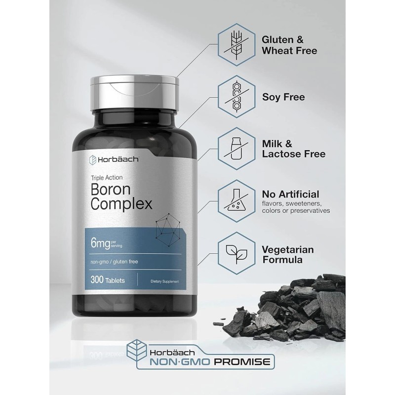 Horbaach Triple Action Boron Mineral Supplement 300 Count Gluten Free