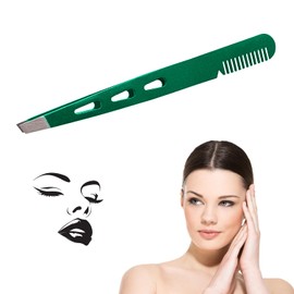 Professional Eyebrow Tweezers with Slanted Tip in Stainless Steel – Comb Incorporated for Precision in Facial Hair Removal and Ingrown Hair – Ideal for Men and Women (Green)