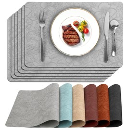 17" × 12" Faux Leather Placemats Set of 6, Light Gray, Easy Wash Clean, Wipeable & Anti-Slip Table Mats, Waterproof & Heat-Resistant Dining Place Mats, Stain-Resistant with Shallow Embossed Texture