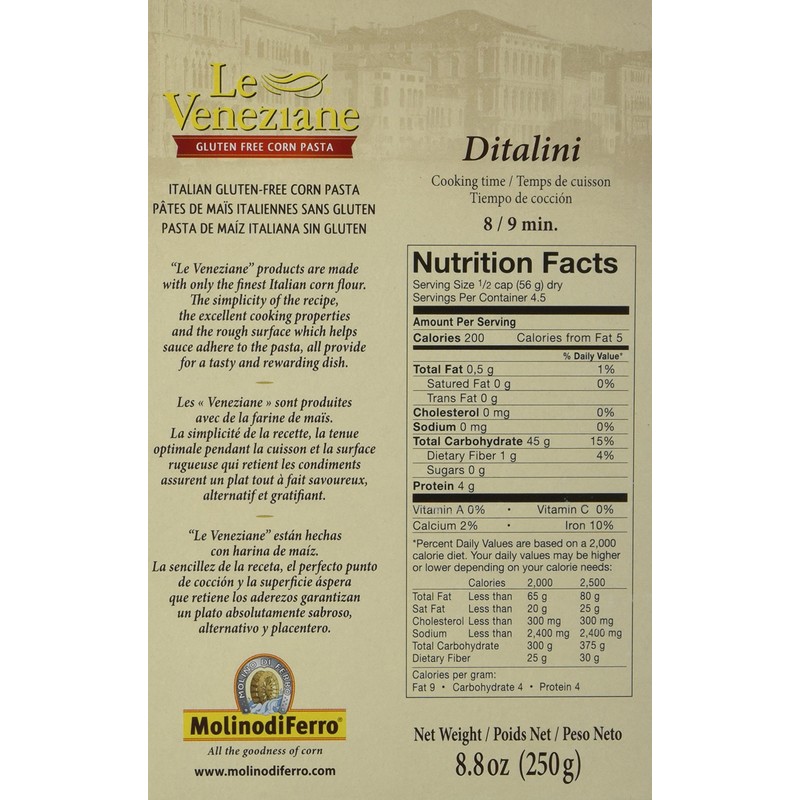 Le Veneziane Italian Gluten Free Corn Pasta Ditalini 250