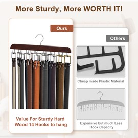 Belt Hanger for Closet, Sturdy Wood Belt Rack Closet Accessories with 14 Hooks Belt Organizer for Closet Organizers and Storage Max 42 Belts-Mahogany 1 Pack