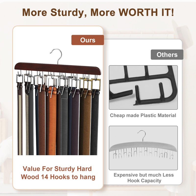 Belt Hanger for Closet, Sturdy Wood Belt Rack Closet Accessories