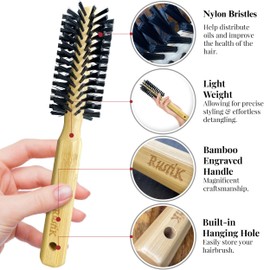 Bamboo Round Hair Brush by RustiK, Soft Bristles, Curl Enhancing, Blow Drying, Styling, Adding Volume/Shine. Woodcrafted For Men and Women.