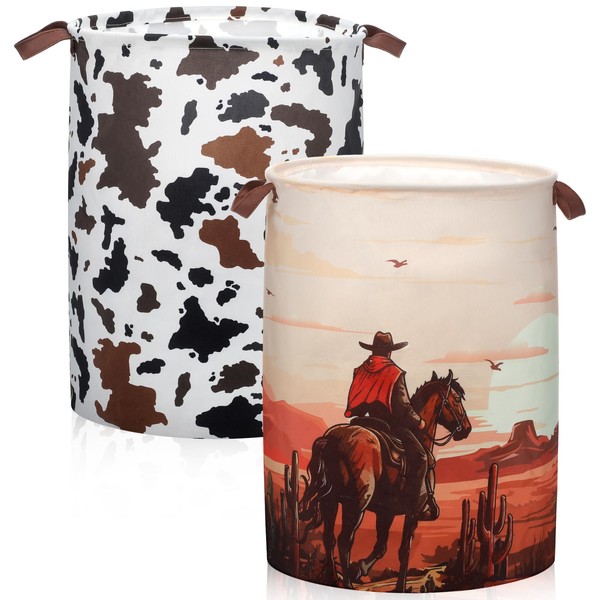 2 Pcs Western Cowboy Laundry Basket Cow Print Foldable Waterproof