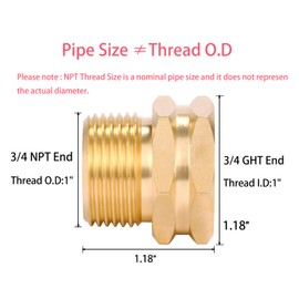 2 Pack Brass Garden Hose Adapter, 3/4" GHT Female x 3/4" NPT Male Connector,GHT to NPT Adapter Brass Fitting,Brass Garden Hose to Pipe Fittings Connect