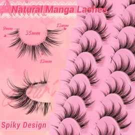 Ahrikiss Manga Lashes Natural Look Wispy Anime False Eyelashes 8 Pairs Faux Mink Lashes with Clear Band Soft Lightweight Fake Eyelashes Look Like Individual Lashes (CB009)