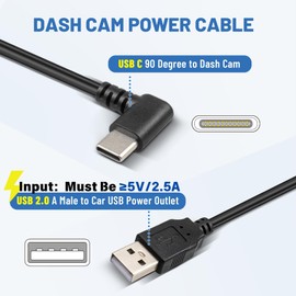 EWAY USB C Dash Cam Power Cord (13FT/4M), 90 Degree USB-A 2.0 to Type-C Cable REQUIRES 2.5A Input - USBC Replacement Power Supply for Front Rear View Mirror Dashcam Dashboard Recorder Recording Camera