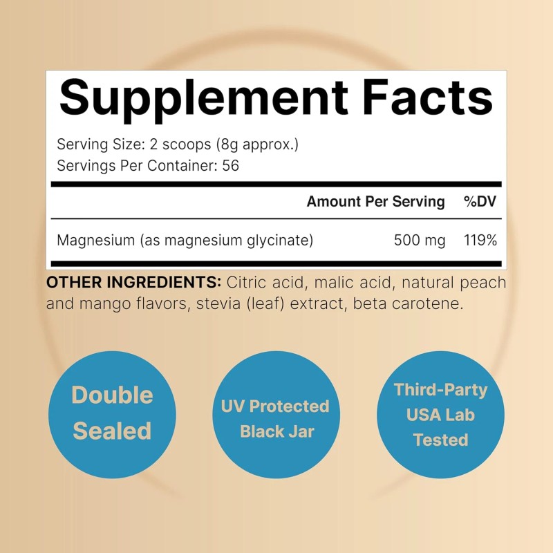 Naturebell Magnesium Glycinate Powder 500Mg, 1Lb Peach Mango Flavor