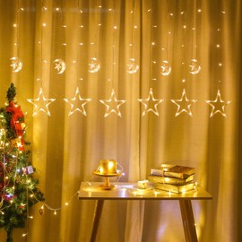FUCHSUN $$$ LED Moon Star Curtain String Lights, 138 LED USB Powered Fairy Hanging Lights with 8 Lighting Modes 6-Hour Timer Waterproof for Bedroom Wall Window Christmas Decoration (Star)