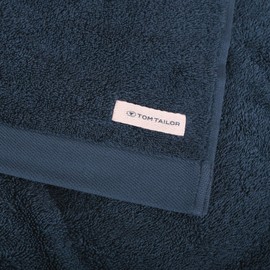 Tom Tailor Bath Towel 70 x 140 cm 100% Cotton Terry Towel with Two Hangers and Label with Logo, Colour Bath Towel Blue (Dark Navy)