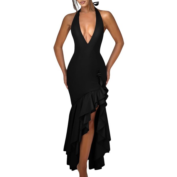 LAGSHIAN Women's Cocktail Ruffle Mermaid Maxi Dress Halter High Low