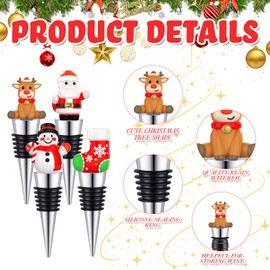Cinnvoice 48 Pcs Christmas Wine Bottle Stoppers with Santa Claus Snowman Resin Accessories Zinc-alloy Silicone Wine Stoppers Reusable Corks Gift for Xmas Party Supplies, 4 Styles