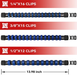 ALOANES 30 PC ABS Socket Organizer, 1/2 inch, 3/8 inch and 1/4 inch Drive Socket Rail Holders, Heavy Duty Socket Racks, Black Rails with Blue Clips
