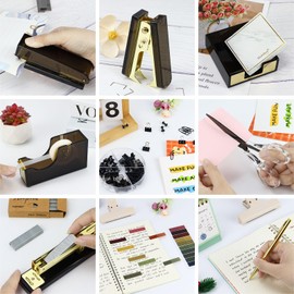 MultiBey Black Gold Acrylic Sticky Notes Holder Stapler and Tape Dispenser Cutter with Sticky Notes, 950 Staples & Tape, Staple Remover, Scissor, Ballpoint Pen, Paper Clips Set for Women Office Home