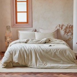 QKTE Striped 100% Washed Cotton Duvet Cover Set King Size 3Pcs(1 Comforter Cover&2 Pillowcases), Natural Cotton Bedding Set Soft Breathable Farmhouse Zipper Closure All Seasons(Khaki-White,King)