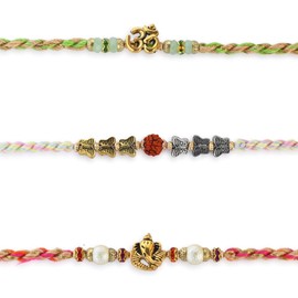 Set of 3 Rakhi for Brother with Raksha Bandhan Greeting Card & Roli Chawal Tika | Raksha Bandhan Rudraksha Om Rakhi for Brothers | Ganesh Rakhi for Small Brother Bhaiya | Rakhi Thread ARNJ25-5