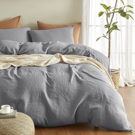 Boqingzhu Double Bed Linen 135 x 200 cm Grey Anthracite Cotton Muslin Soft Cuddly Summer Cotton Bed Linen Set Linen Dark Grey Duvet Cover 135 x 200 cm and Pillowcase 80 x 80 cm with Zip