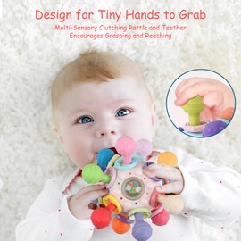 Baby Teething Toys - Infant Sensory Chew Rattles Toys - Newborn Montessori Learning Developmental Toy - Teethers for Babies 0 3 6 9 12 18 Months - Shower Gifts for 1 2 One Two Year Old (Pink)