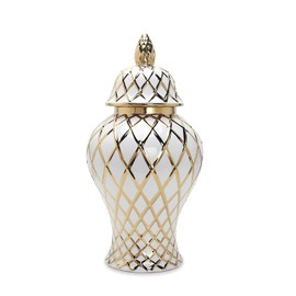 Udorich Stylish White and Gold Ceramic Decorative Ginger Jar Vase, Elegant Storage and Display Solution, 16.5-Inch Height