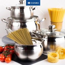 Daniks Classic 6-Piece Stainless Steel Induction Cookware Set – Dishwasher Safe Pots with Lids, Measuring Scale, Silver