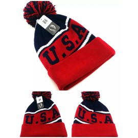 Top Pro Sports USA New Knit Beanie Pom United States American Pride Red Blue Cuffed Era Hat Cap