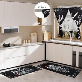 XLHOMO Kitchen Runner Rugs 4 Piece Set with Curtain, Non Slip Cushioned Kitchen Mats Carpet for Floor Waterproof Comfort Kitchen Rugs and Mats Farmhouse Chef Mats Floor Carpet for Sink,Laundry Room